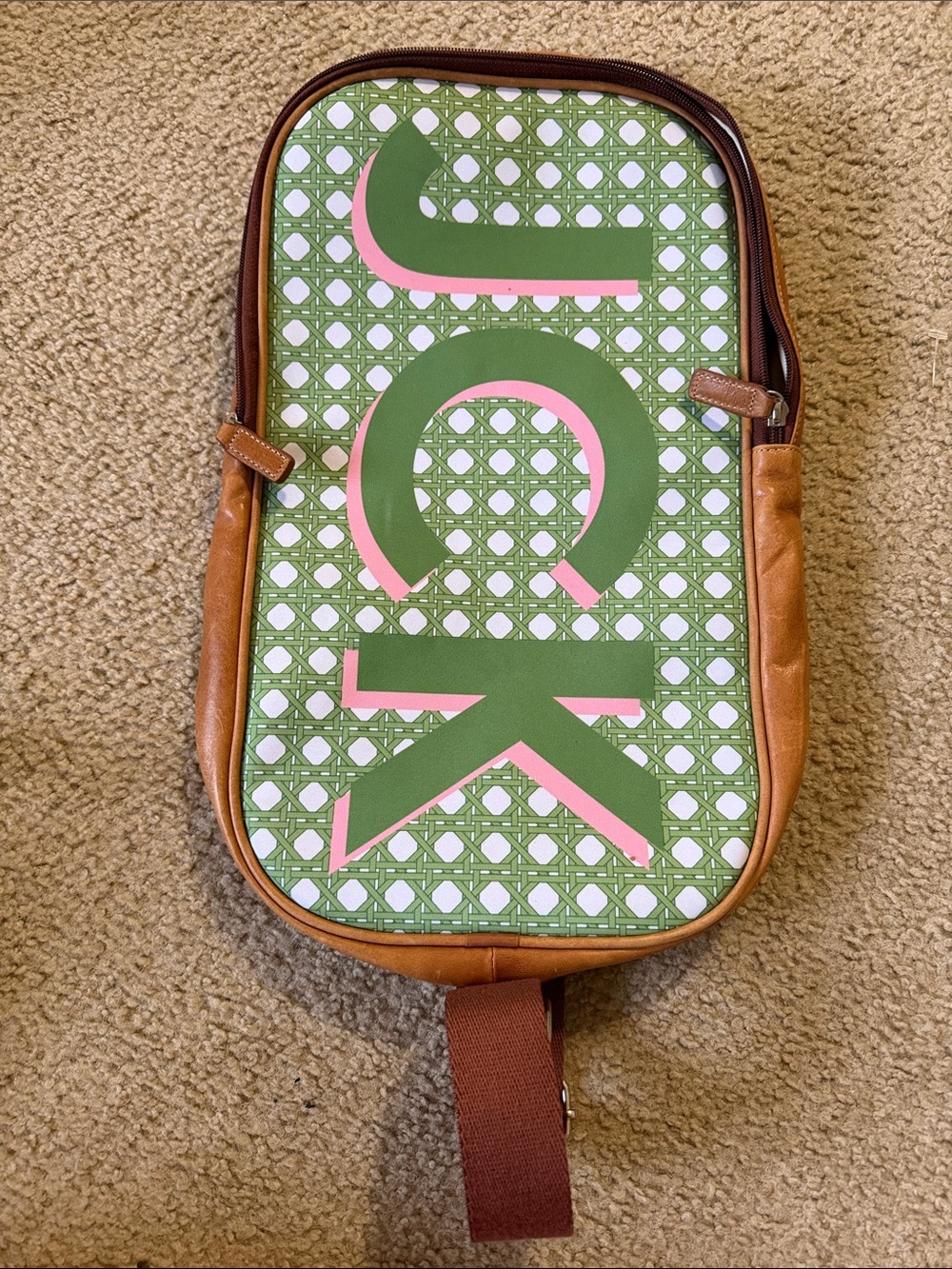 Barrington Green Patterned Crossbody Sling Bag with Brown Leather